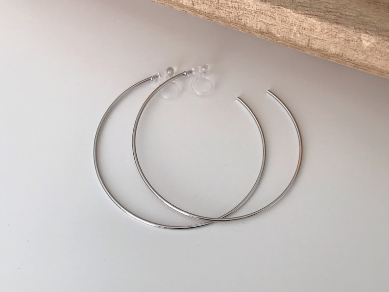 Large fine hoops. INVISIBLE Clip Earrings, Silver / Gold Hoops. Comfortable ear clips. image 6