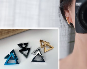 Boucles d'oreilles Rock CLIPS CLAMP anneaux Triangle Argent / Or/ Noir/ Bleu Clips pour Oreilles Non Percées Bijoux quotidiens hommes femmes