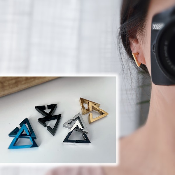 Boucles d'oreilles Rock CLIPS CLAMP anneaux Triangle Argent / Or/ Noir/ Bleu Clips pour Oreilles Non Percées Bijoux quotidiens hommes femmes