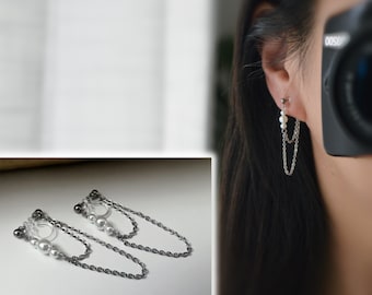 INVISIBLE CLIPS earrings, Small white pearls Double Chain Silver Color Ear clips non pierced ears tassel CLIPS.