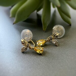 PAINLESS! Clip-on earrings U spiral Gold Leaves Zircon yellow water drop. Comfortable ear clips Delicate earrings