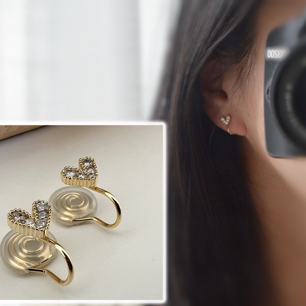 SANS DOULEUR ! Boucles d'oreilles CLIPS U spirale Mini Coeur strass Mini Zircon plaqué d'Or. Clips d'oreilles confortable.