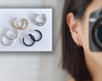 Hoops 15mm Invisible Clip On Earrings, Clip On Hoop Earrings, Non Pierced Earrings Clip On Earrings Modern. Non Pierced Pierced looked.