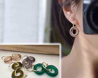 2 EN 1 Créoles Clips 20mm OR Cercle Violet / Vert paon / Beige / Marron. Clips d'oreilles Anneaux Or pour oreilles non percées.