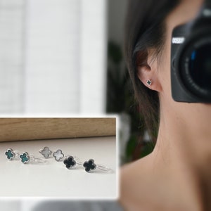 Invisible clip-on earrings, silver, mini four-leaf clover, lucky charm, black/white/green. Delicate, comfortable earrings.