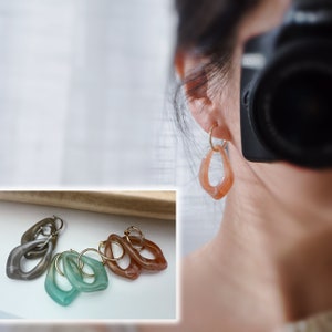 2 IN 1, Clip-on Earrings Large Diamond Acetate Green Brown Transparent. Creole Clips 20mm Silver / Gold. CLIPS comfortable