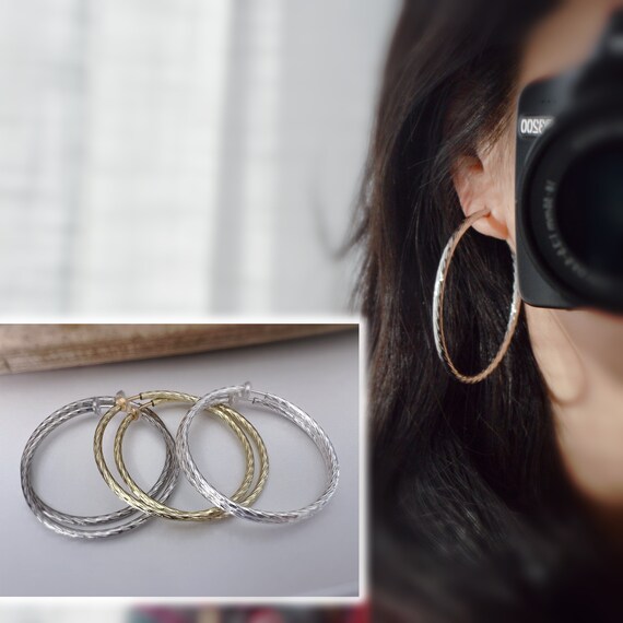60mm Creole Rings CLIPS Earrings Gold steel silver Colored Creole