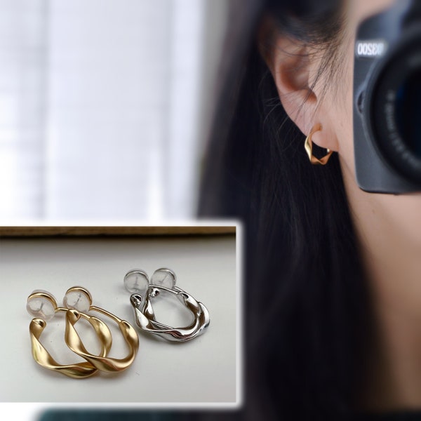 SANS DOULEUR ! 20mm Boucles d'oreilles CLIPS U Cercle torsadé Or Mat / Argent. Clips d'oreilles confortable Boucles Délicates