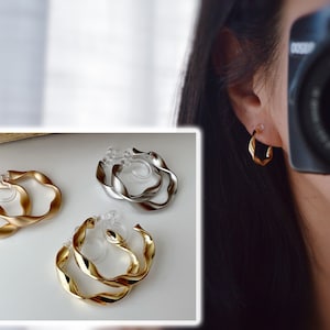 Twisted Hoop Earrings 20mm Invisible Clips, Hoop Earrings Silver / Gold / Matte Gold Color. Non-pierced ears, 2cm hoops.