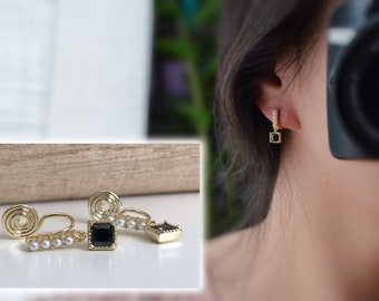 PAINLESS! CLIPS U spiral earrings Gold bar with mini white pearls, Black Square, Gold plated Comfortable ear clips.