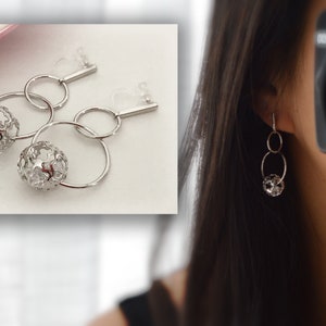 Long Double Circle Ear Clips, Hollow Ball Carved Flower with Zircon Stones Silver Bar. CLIPS Invisible comfortable dangling