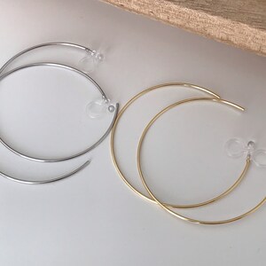 Large fine hoops. INVISIBLE Clip Earrings, Silver / Gold Hoops. Comfortable ear clips. image 4