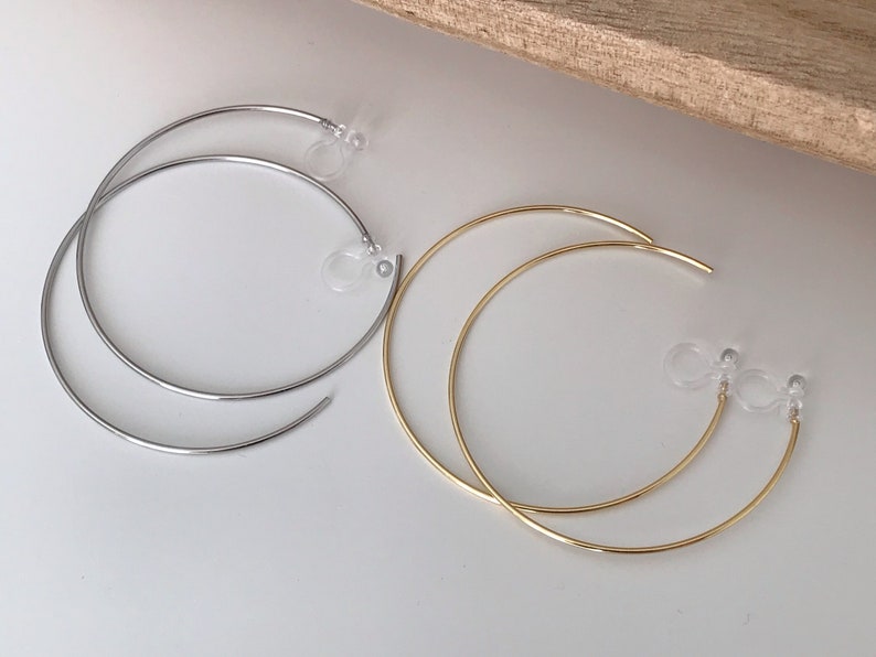 Large fine hoops. INVISIBLE Clip Earrings, Silver / Gold Hoops. Comfortable ear clips. image 4