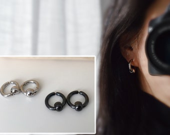 Rock CLIPS earrings Clip Rings with Silver/Black pearl for non-pierced ears. Men Women Creole circle 17mm