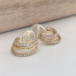 SANS DOULEUR Boucles d'oreilles CLIPS U spirale Triple cercles anneaux zircon. Clips d'oreilles confortable Délicates plaqué d'or 18K image 2