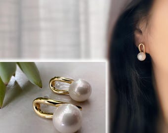 Pendientes invisibles de clip, color dorado, perla blanca grande, delicados clips para las orejas.
