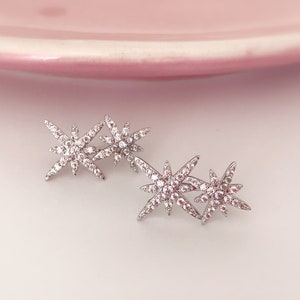 INVISIBLE Clip-on Earrings, Double Zircon Star Silver Color. Ear clips. image 3