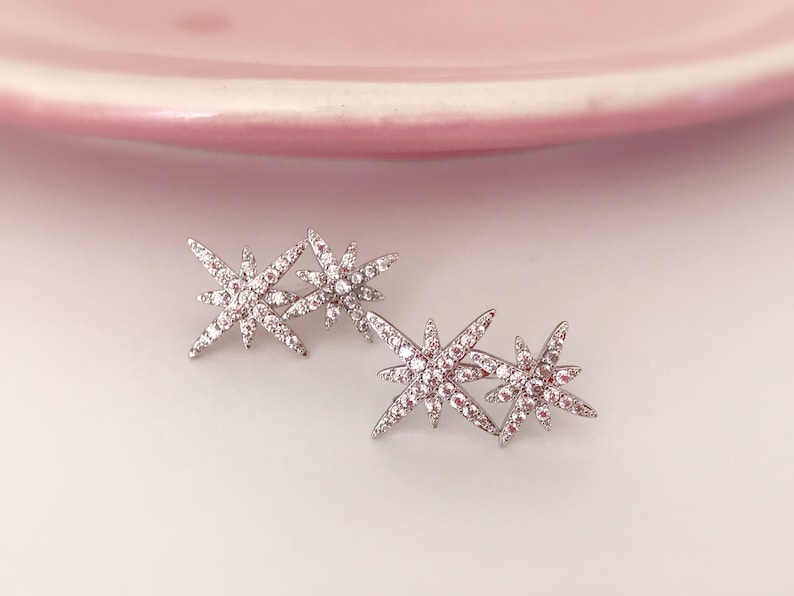 INVISIBLE Clip-on Earrings, Double Zircon Star Silver Color. Ear clips. image 3