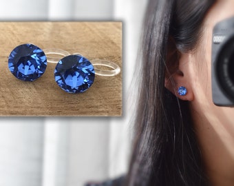 Boucles d'oreilles CLIPS invisible Cristal Rond SAPPHIR Cristaux PureCristal, Clips d'Oreille Petit Rond cristal Bleu, Bijoux Minimaliste.