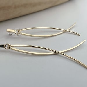 Long INVISIBLE Clip-on Earrings Mini rectangle with Double gold/silver dangling bar. Comfortable ear clips ready to gift image 5