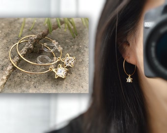 Sweet CAT Hoops Clip On Earrings Gold Glass transparent faceted beads, Non Pierced Earrings Modern, Hoops earrings, Gift For Her