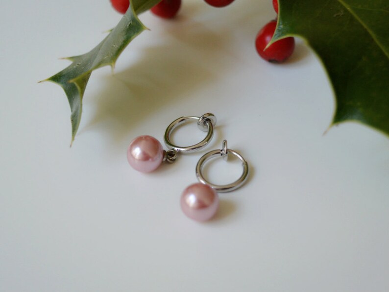 Boucles d'oreilles CLIPS avec perles blanc/ rose/ gris Rose