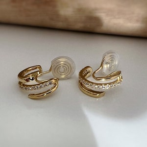 PAINLESS CLIPS U spiral earrings Triple circles zircon hoops. Comfortable Delicate 18K Gold Plated Ear Clips image 6