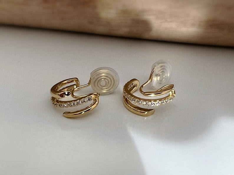 PAINLESS CLIPS U spiral earrings Triple circles zircon hoops. Comfortable Delicate 18K Gold Plated Ear Clips image 6