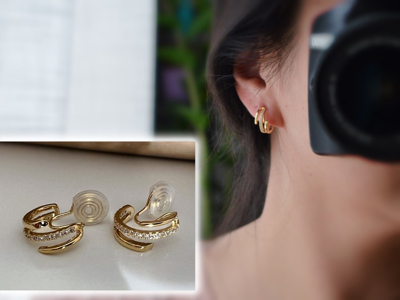 PAINLESS CLIPS U spiral earrings Triple circles zircon hoops. Comfortable Delicate 18K Gold Plated Ear Clips image 1