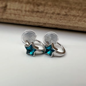 SANS DOULEUR Boucles d'oreilles CLIPS Petit cercle argent avec petit étoile bleu. Clips d'oreilles confortable Boucles Délicates image 5