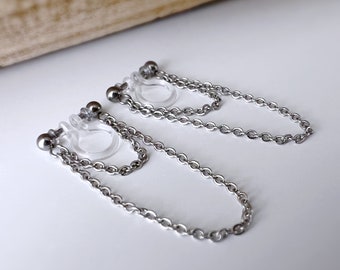 Boucles d'oreilles CLIPS INVISIBLE, Double Chaîne, Couleur Argent / Or, Clips d'oreilles pour oreilles non percées, tassel CLIPS.