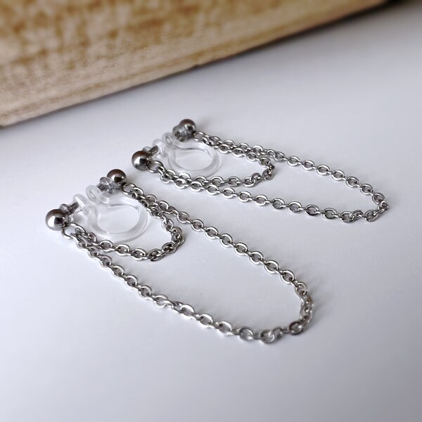 INVISIBLE CLIPS Earrings, Double Chain, Silver / Gold Color, Ear clips for non-pierced ears, tassel CLIPS.