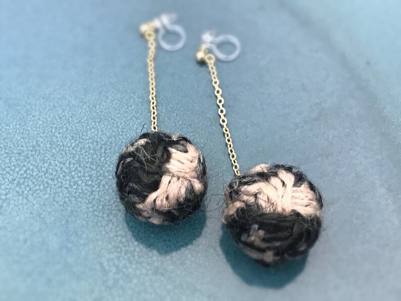 Clip On Earrings Non Pierced Fur Ball Wool Felt Balls Two-tone light brown and dark Green Pom Pom Balls Invisible Clip On Earrings Dangle