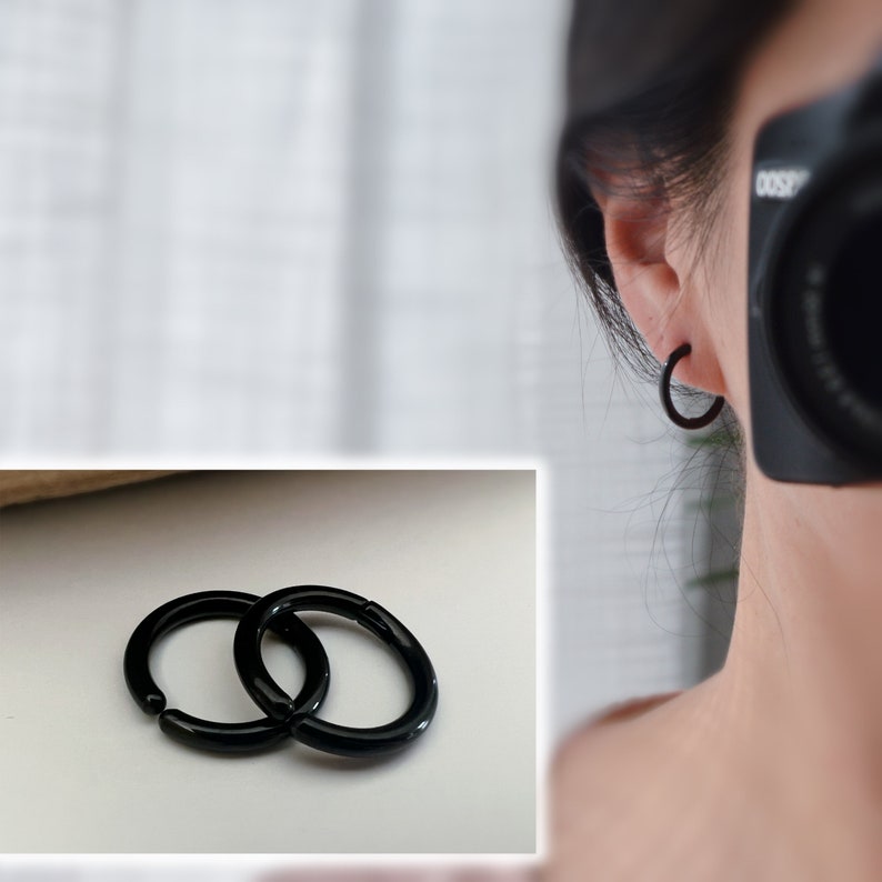 Rock Boucles d'oreille CLIPS Pince Anneaux couleur Argent/ Noir pour oreilles non percées. Hommes Femmes Créole cercle 18mm image 3
