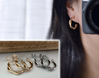 PAINLESS ! 25MM U CLIPS Earrings Spiral Twisted Circle Gold/Silver Comfortable Ear Clips Delicate Earrings