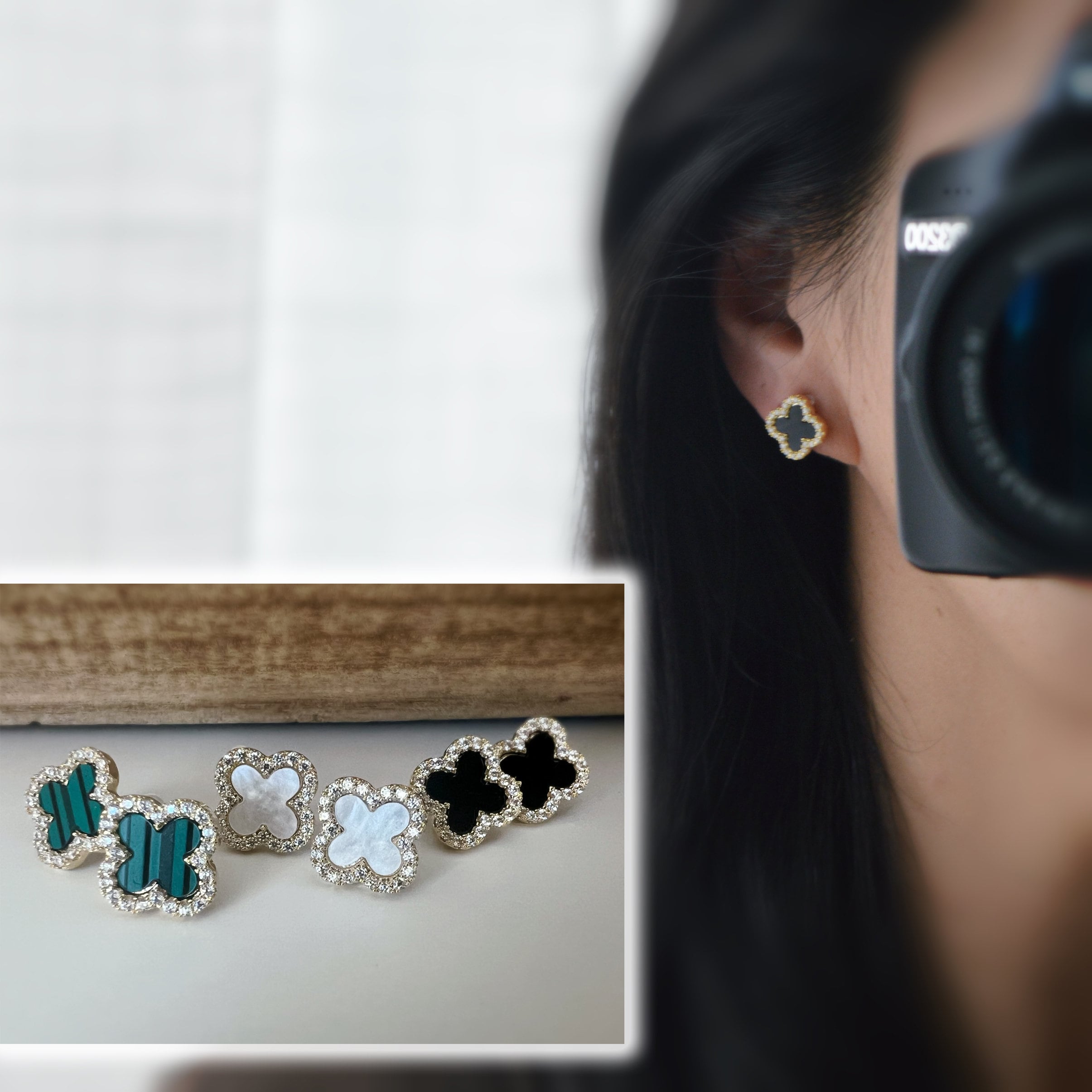 【BLACKPURPLE】24FW★ Black Engrave Clip Earrings Invisible Clip-on Earrings, Lucky Gold 4 Leaf Clover Mini