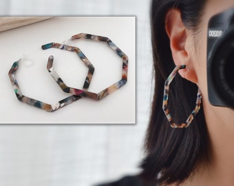 Tortoiseshell Ear Clips Acetate Exaggerated CLIPS Invisible Large Hoop Earrings White Red Brown Blue Light Geometric Tortoise