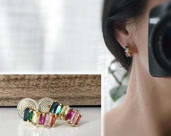 PAINLESS ! CLIPS U earrings spiral Circle Mini Zircon rectangle colorful rainbow gold plated. Comfortable ear clips.