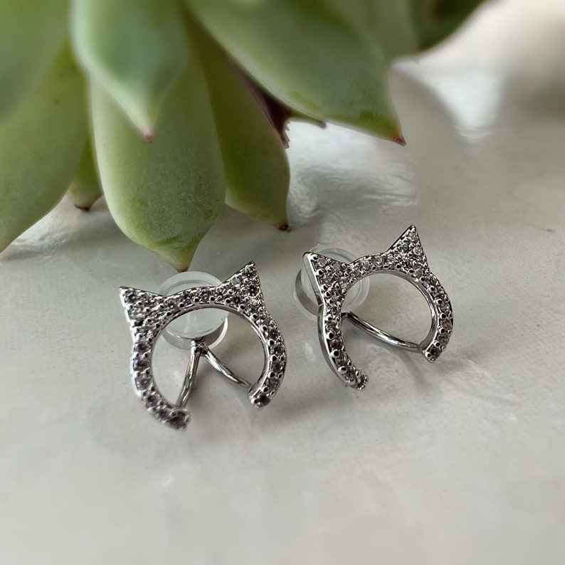 PAINLESS CLIPS U Cat zircon silver earrings. Comfortable Ear Clips Delicate Earrings image 2