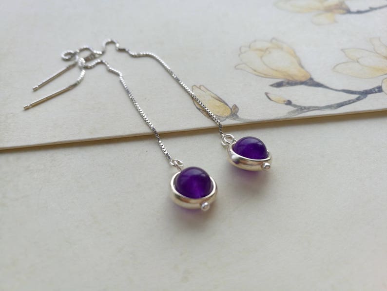 perle de Calc\u00e9doine violette avec anneau argent 925 Boucles D\u00e9licates Cha\u00eenette coulissante Cha\u00eenes d\u2019oreilles traversantes Argent 925