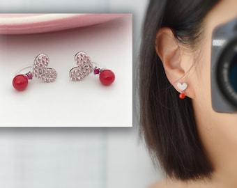 Ohrclips Kleines silbernes Herz, Mini-Zirkonia in Weiß und Rosa, Kleine rote Perle. Täglicher Schmuck. Unsichtbare Ohrclips