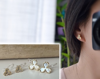 Mini INVISIBLE Gold Clip-on Earrings with three Leaves, white mother-of-pearl and Mini Zircon. Comfortable ear clips, daily jewelry