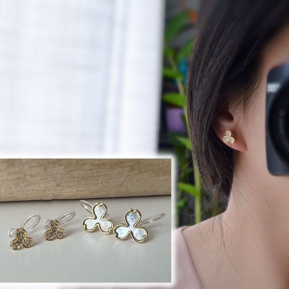 Mini INVISIBLE Gold Clip-on Earrings With Three White Mother-of-pearl  Leaves and Mini Zircon. Comfortable Ear Clips, Daily Jewelry - Etsy