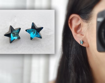 Boucles d'oreilles CLIPS invisible, Perle Cristaux Bermuda Blue PureCristal, Petite étoile Bleu, bijoux quotidien, Oreille non percée.