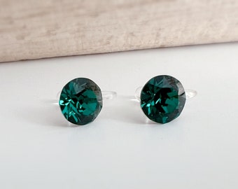 Invisible CLIPS Earrings Emerald Green Round Crystal Emerald PureCristal, Minimalist Dark Green Small Crystal Ear Clips.