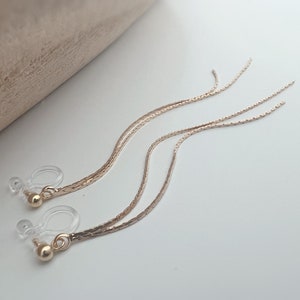 Long INVISIBLE CLIPS earrings, Double gold-colored tassel chain. Comfortable chain ear clip for non-pierced ears image 6