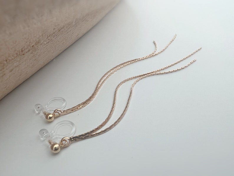Long INVISIBLE CLIPS earrings, Double gold-colored tassel chain. Comfortable chain ear clip for non-pierced ears image 6
