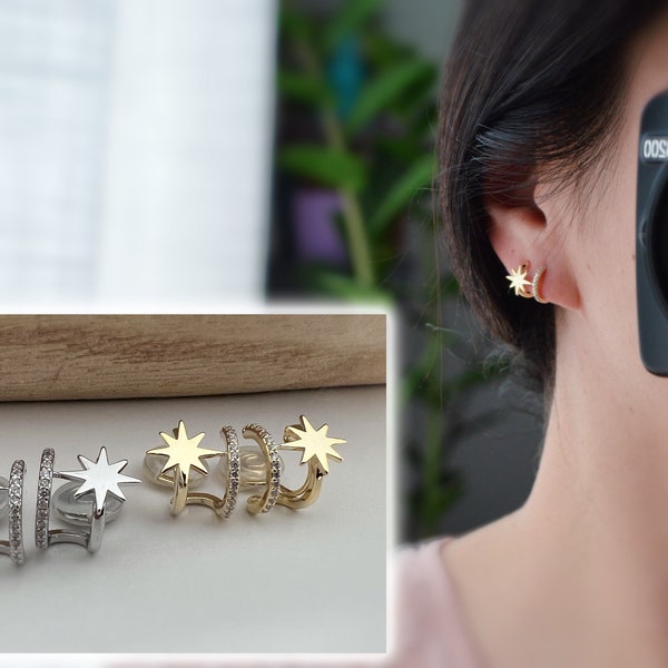 PAINLESS ! CLIPS U earrings double spiral Star Circle Gold / Silver color. Comfortable Ear Clips Delicate Earrings