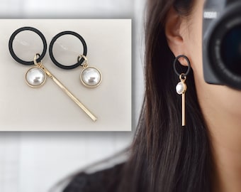 Asymmetrical invisible CLIPS earrings, Large Black Circle, long golden Bar, White Pearl Cabochon, Ear Clips