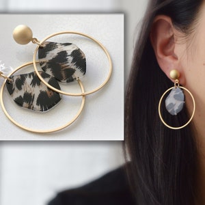 Modern INVISIBLE clip-on earrings, Round and Large Circle Matte Gold ear clips, Leopard geometric shape.